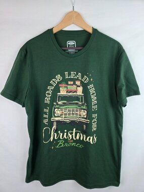 Ford Bronco Christmas Shirt Size Large Green Short Sleeve All Roads Lead Home